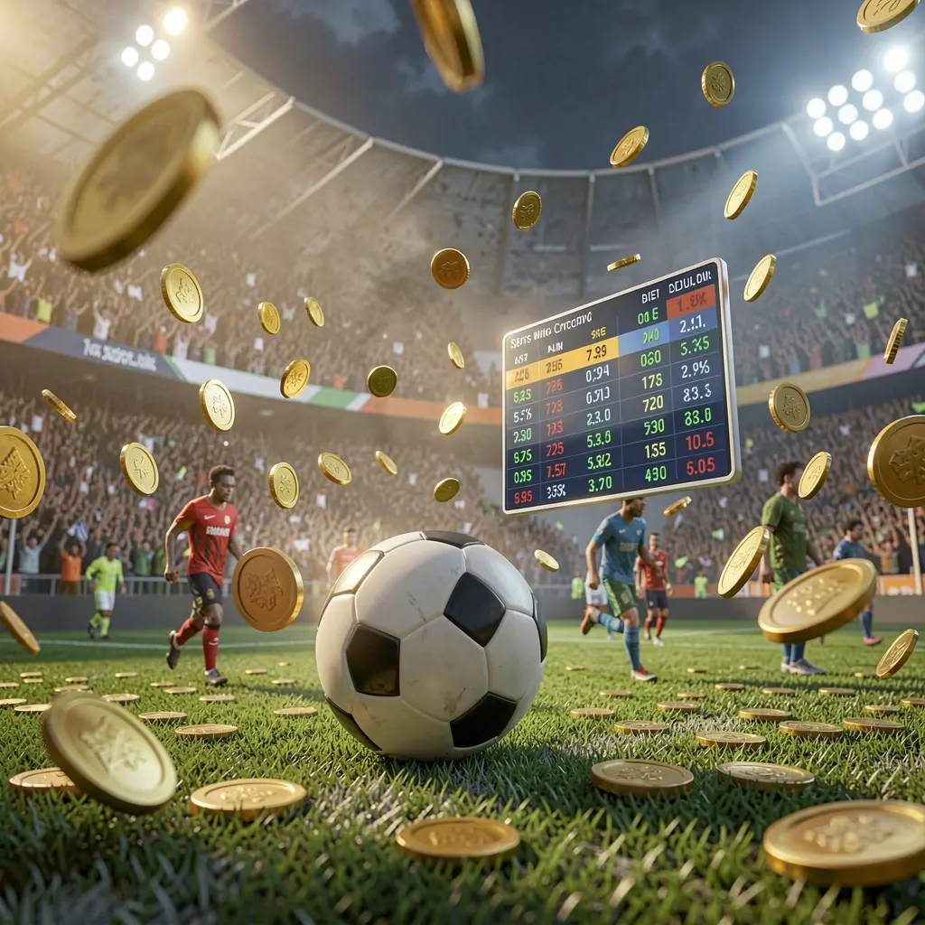 Ilustrasi 3D realistis dari suasana pertandingan sepak bola di stadion penuh penonton dengan bola sepak di latar depan, antarmuka peluang digital melayang, dan koin emas beterbangan, menampilkan pengalaman taruhan olahraga 55RT