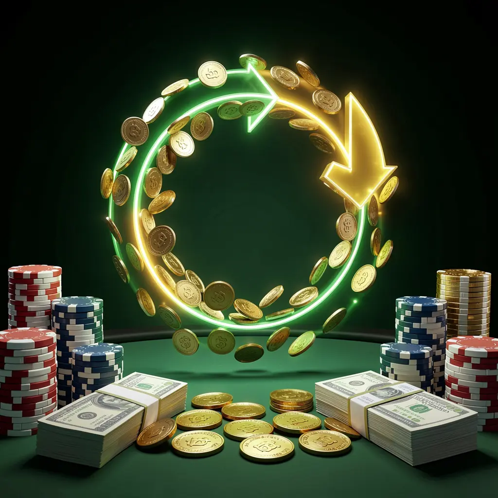 Render 3D realistis dari adegan bonus cashback kasino yang menampilkan koin bergerak dalam panah melingkar, tumpukan chip, dan bundel uang tunai dengan cahaya hijau dan emas, menampilkan merek 55RT