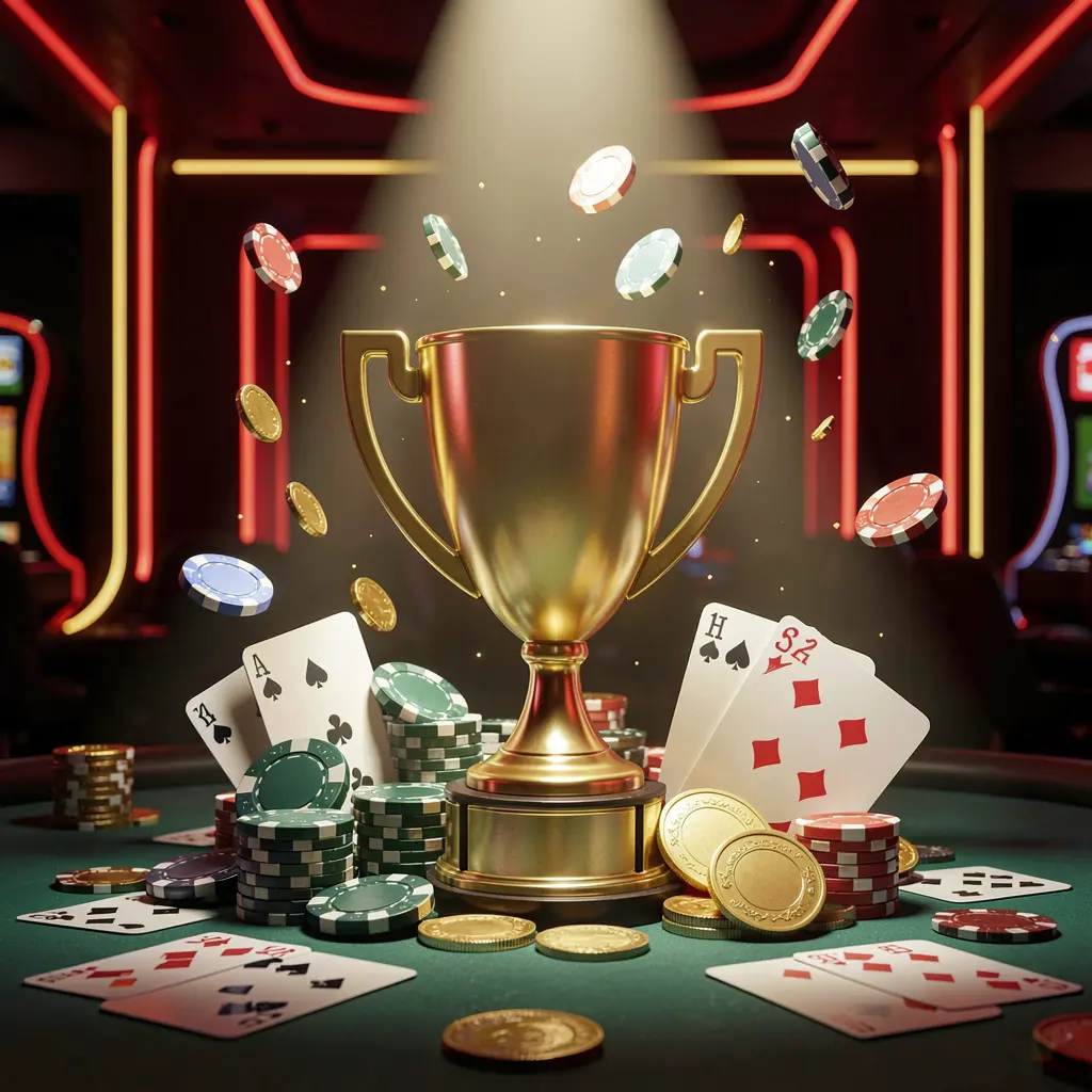 Konsep bonus turnamen kasino 55RT yang menampilkan trofi emas dikelilingi chip poker, kartu remi, dan koin di bawah sorotan terang dalam suasana kasino mewah yang kompetitif dengan latar belakang gelap serta aksen neon merah dan emas