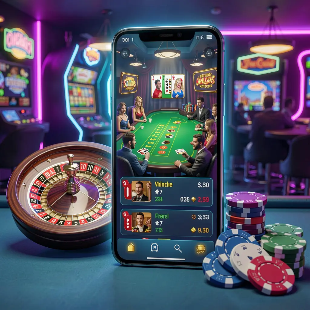 Konsep platform kasino online 55RT dengan ponsel pintar yang menampilkan antarmuka kasino bercahaya, dikelilingi roda rulet dan chip poker pada latar belakang neon premium Konsep platform kasino online 55RT dengan ponsel pintar yang menampilkan antarmuka kasino bercahaya, dikelilingi roda rulet dan chip poker pada latar belakang neon premium