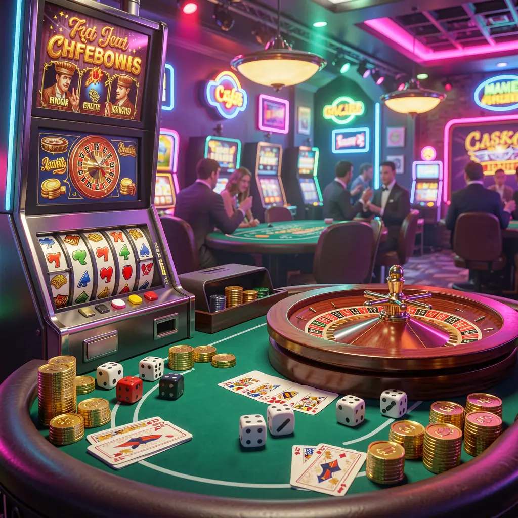 Adegan hiburan kasino yang menarik menampilkan mesin slot 55RT, roda rulet, dadu, kartu, dan koin emas yang diterangi lampu neon berwarna-warni dalam suasana premium Adegan hiburan kasino yang menarik menampilkan mesin slot 55RT, roda rulet, dadu, kartu, dan koin emas yang diterangi lampu neon berwarna-warni dalam suasana premium