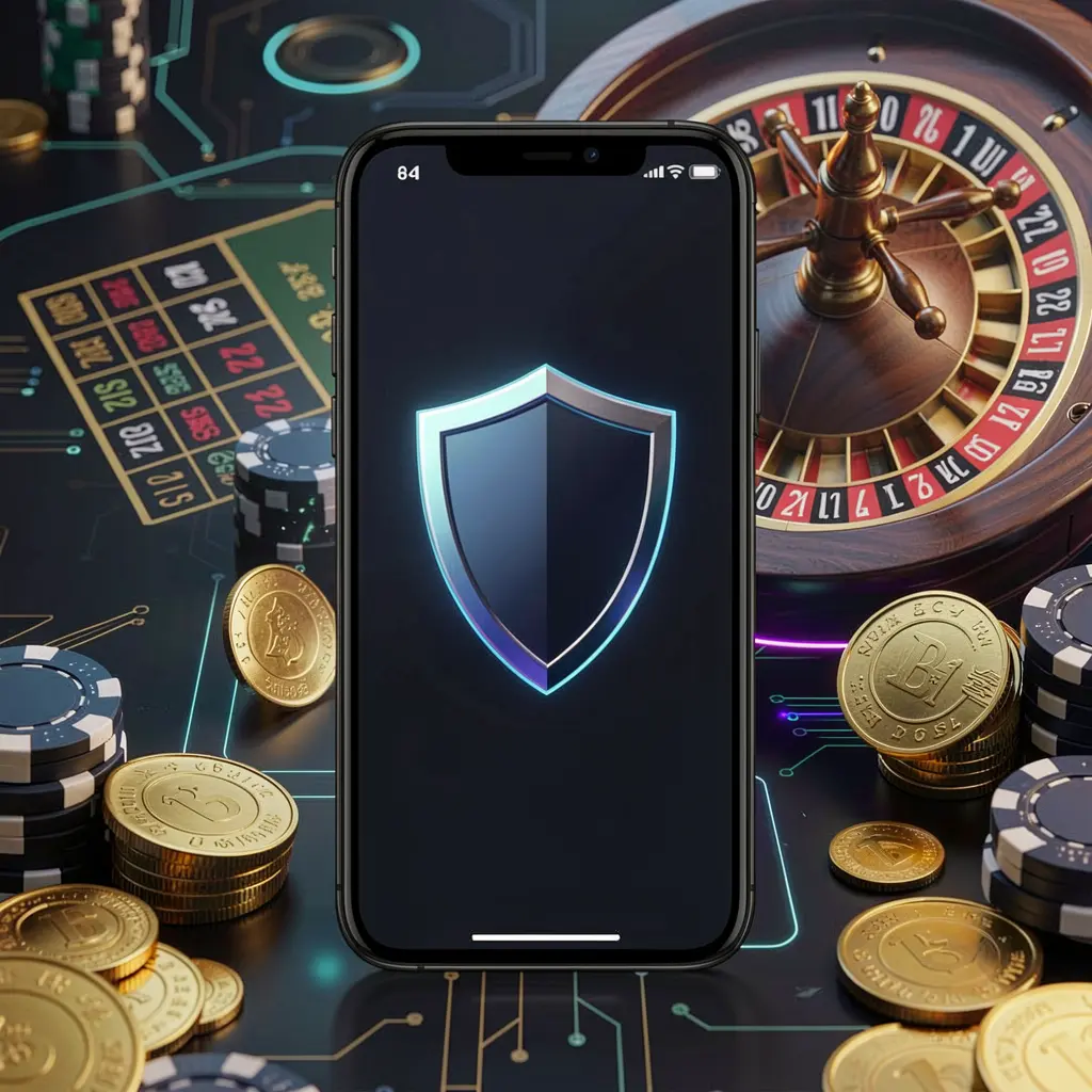 Akses kasino seluler yang aman pada layar ponsel dengan ikon perisai, roda rulet, chip poker, dan koin emas dalam suasana mewah siber gelap yang menampilkan merek 55RT