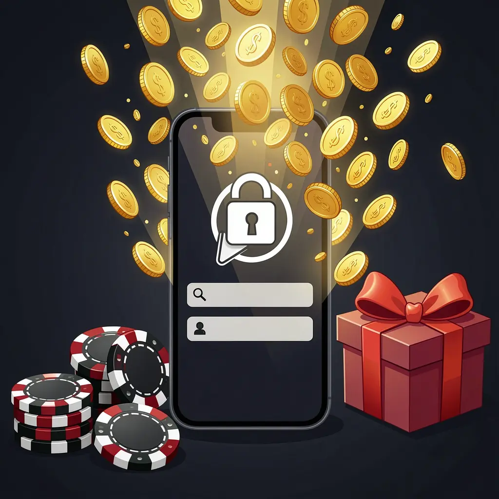 Ilustrasi masuk pengguna kasino 55RT yang menampilkan ponsel dengan ikon akses aman, koin emas menyembur dari layar, chip poker, dan kotak hadiah di dekatnya pada latar belakang gelap premium