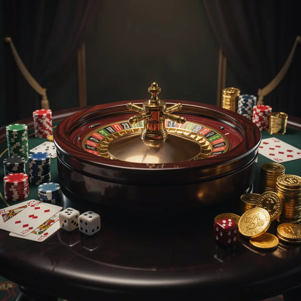 Adegan halaman beranda kasino premium 55RT yang menampilkan roda rulet berputar di atas meja mengilap, dikelilingi chip poker, dadu, kartu, dan koin emas dengan latar belakang gelap yang elegan serta pencahayaan sinematik