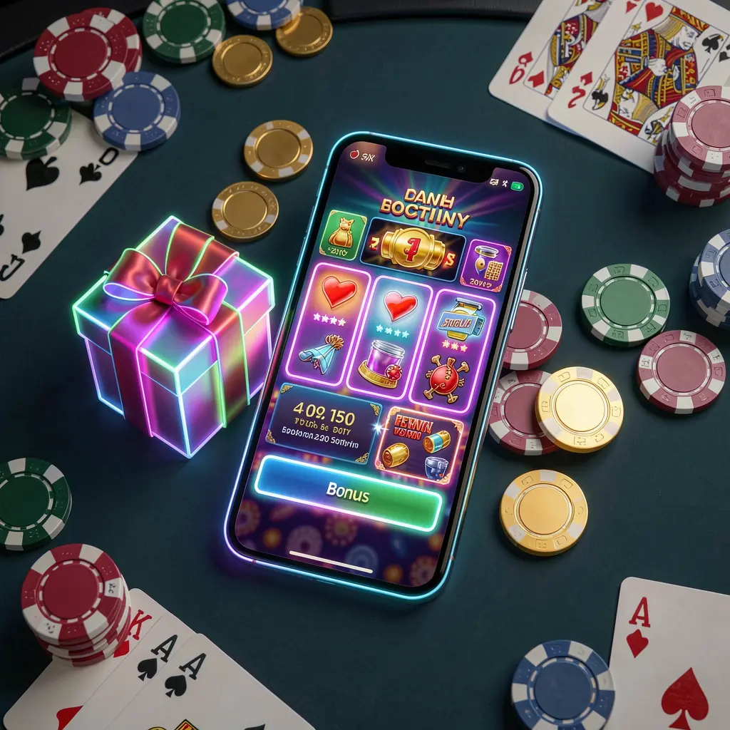 Adegan utama situs web kasino modern yang menampilkan ponsel pintar dengan antarmuka bercahaya, dikelilingi kotak hadiah bonus, chip, koin, dan kartu remi dalam gaya kasino neon premium, menampilkan merek 55RT